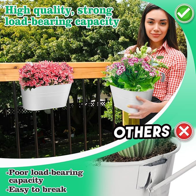 MADHOLLY Railing Planter with Drainage Holes - Sturdy Bucket Pots for Railing Fence, Countryside Style Metal Flower Pots for Herbs Balcony Garden Yard Decor, 4Pcs, White