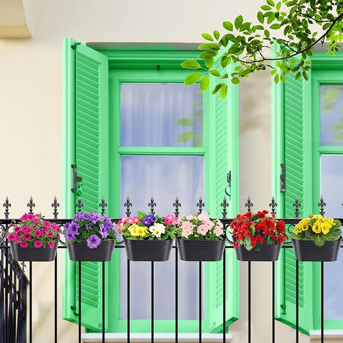 MADHOLLY Railing Planter with Drainage Holes - 6Pcs Sturdy Bucket Pots for Railing Fence, Countryside Style Metal Flower Pots for Herbs Balcony Garden Yard Decor, Black