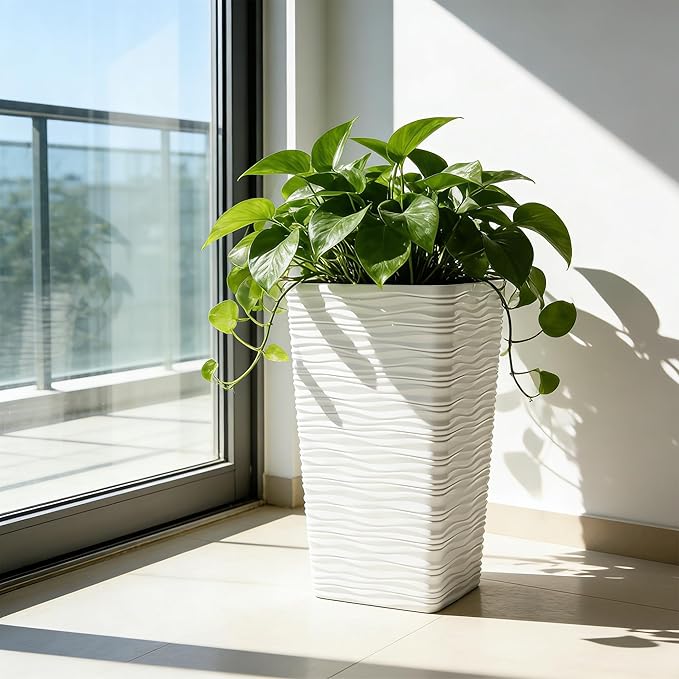 Worth Garden 22" Tall Planters Set of 2 - Plastic White Square Plant Pots with Drainage Hole - Modern Large Tapered Matte Wavy Tree Flower Pot for Indoor Outdoor Porch Deck