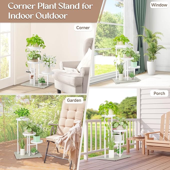 iDavosic.ly 3 Tier Plant Stand Indoor, Tiered Corner Flower Holder Shelf Outdoor, Metal Tall Orchid Display Rack for Patio Porch Garden Balcony Office Living Room, Space Saving, White