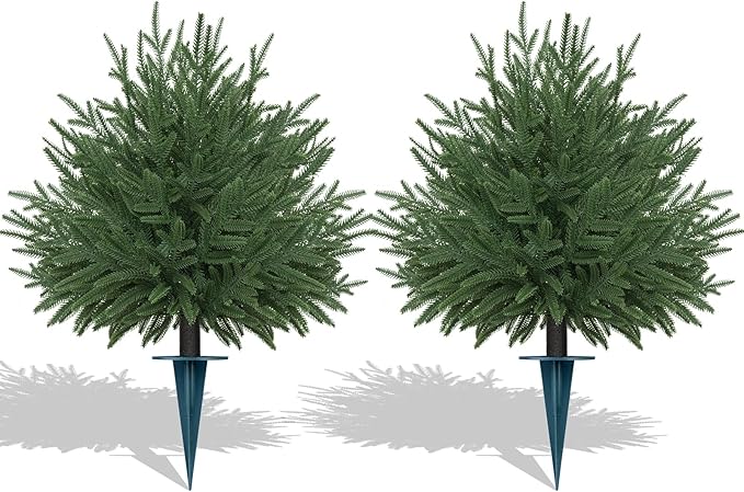 Artificial Norfolk Topiary Cedar Trees with Ground Spike, 2 Pieces Fake Pine Shrubs Bushes, UV Resistant Faux Evergreen Tree Plants for Indoor Outdoor Planters Front Porch