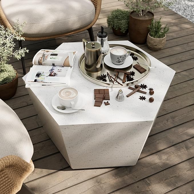 UPHA Outdoor Hexagon Coffee Table, Small Modern Minimalist Accent Tables, Low Light Concrete Center Table for Living Room, Outside Patio, Deck, 28×24.2×15.4, Off-White