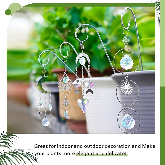HDCRYSTALGIFTS 4 Pack Crystal Sun Catchers with 13.5'' Small Trellis for Potted Plants Indoor Plant Stake Suncatcher Decoration for Home Window Garden, Sliver