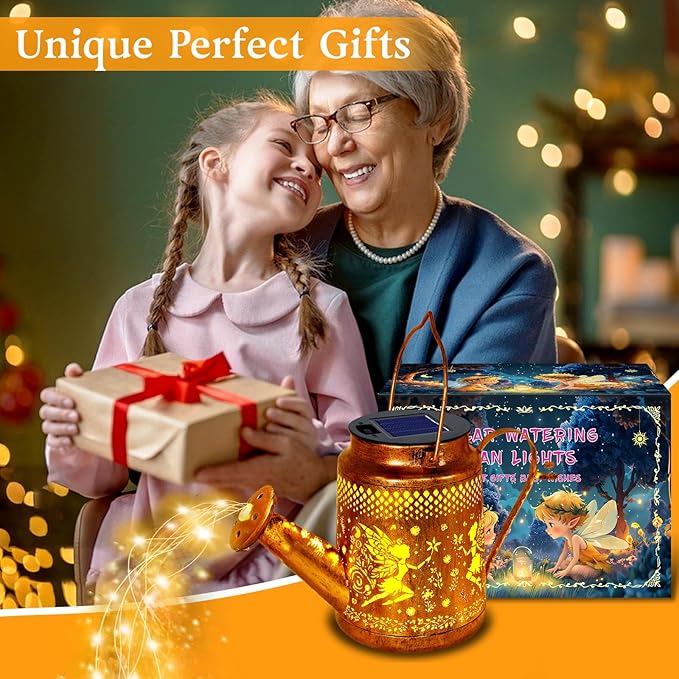 Solar Lanterns Outdoor Waterproof,Metal Watering Can Garden Decor,Fairy Hanging Solar Path Lights Yard Art,Outside Patio Decorations Gardening Christmas Gifts for Mom Grandma Women（with Shepherd Hook）