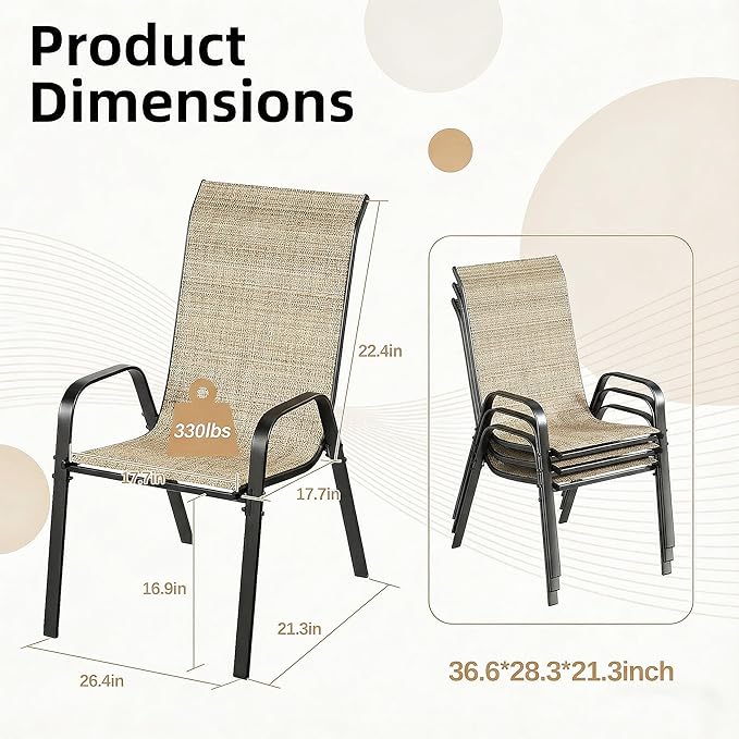 MAMIZO Patio Dining Chairs, Stackable All Weather Teslin Chair, Heavy Duty Outdoor Breathable Chairs Set, w/Armrests, Upgraded Chair FeetW/Strenthened Iron Spacers, 330 LBS (6, Brown)