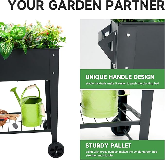 Raised Garden Bed with Legs and Wheels Removable for Outdoor, 31.6 * 14.6'' Metal Planter Raised Box for Growing Vegetables Herb Flower in Patio(Black)