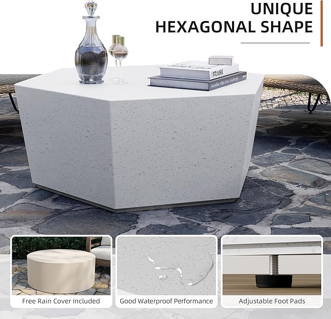 UPHA Outdoor Hexagon Coffee Table, Small Modern Minimalist Accent Tables, Low Light Concrete Center Table for Living Room, Outside Patio, Deck, 35×30.7×15, Off-White