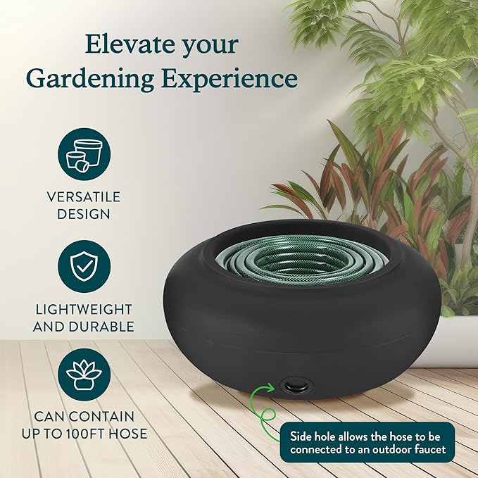 The HC Companies 21 Inch Garden Hose Pot - Durable Lightweight Plastic Decorative Hose Pot for Yard, 100-Foot Capacity Hose Storage, Black