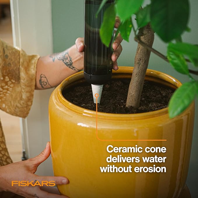Fiskars LifeWell Watering Spike, Self-Watering System for Indoor Plants, Continuous Hydration Vacation Care & Travel, Porous Ceramic Cone Slow Release, 11.75 oz Capacity, Black