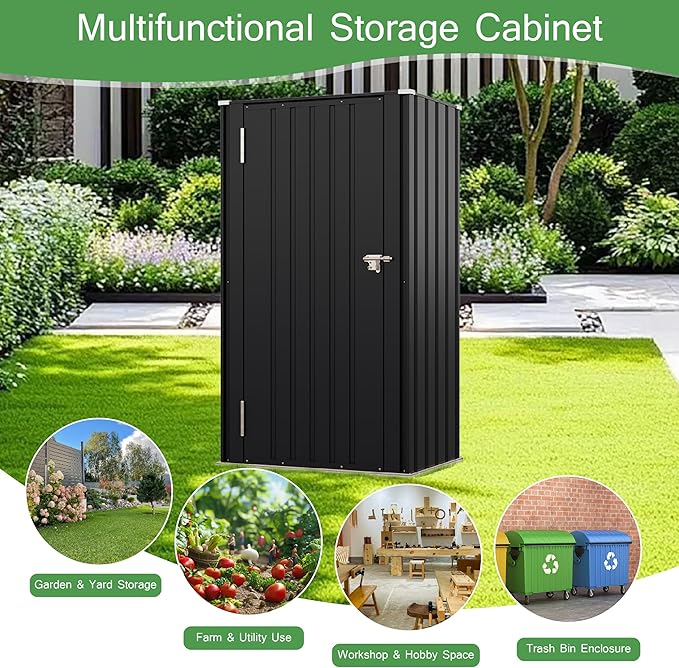 Devoko 22 Cuft Lockable Metal Storage Shed, Vertical Indoor Outdoor Tool Cabinet with Non-Adjustable Shelves for Patio Garden Backyard, Black