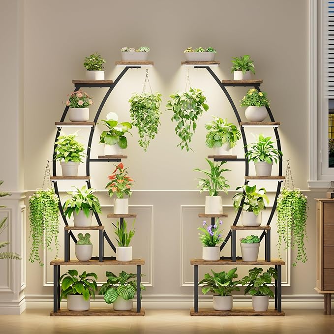 Plant Stand Indoor with Grow Lights, 9 Tiered Metal Plant Shelf, 64" Tall Plant Stand for Indoor Plants Multiple, Large Plant Rack Display Shelf, Curved Plant Holder for Living Room, Patio
