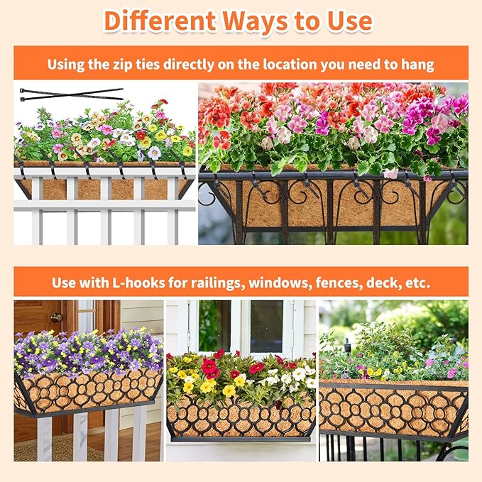 Riare 4 Pack 16 Inch Window Boxes Planters with Coco Liner, Metal Deck Railing Planter Boxes, Balcony Planters Railing Hanging, Horse Trough Window Flower Planter Boxes for Outdoor Porch Fence Patio