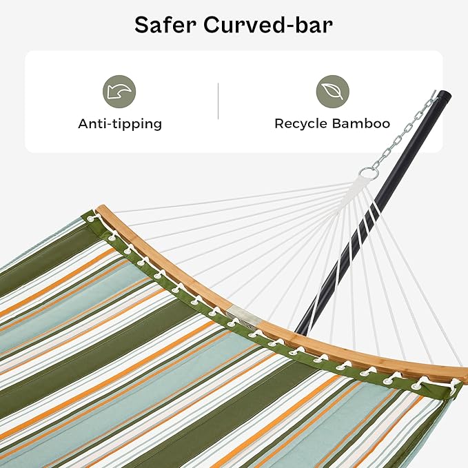 SUPERJARE Hammock with Stand, 2 Person Heavy Duty Hammock with Padded Cotton, Detachable Pillow & Strong Curved-Bar & Portable Carrying Bag, Perfect for Outdoor & Indoor, Retro Green