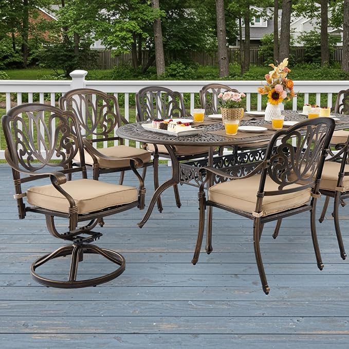 9-Piece Cast Aluminum Patio Furniture, Outdoor Dining Sets for 8 Include 87" Oval Patio Dining Table, 6 Stackable Chairs & 2 Swivel Chairs with Cushions & Umbrella Hole(Bronze)