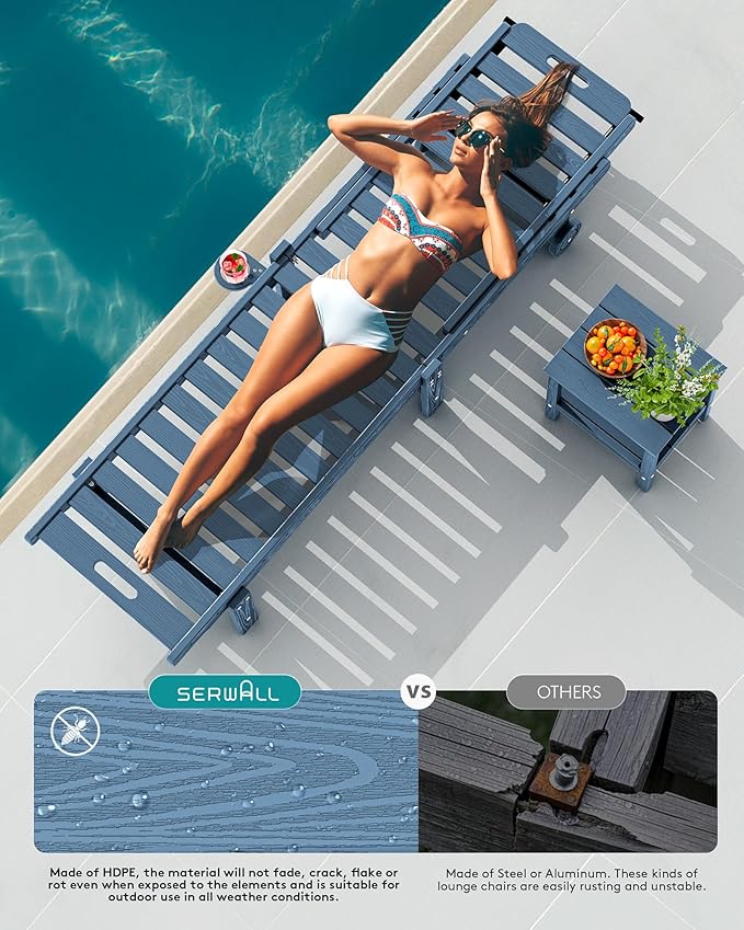 SERWALL Outdoor Chaise Lounge Set of 6, HDPE Pool Lounge Chair with 5-Position Adjustable Backrest, Patio Lounger with Rolling Wheels & Cup Holder for Pool, Navy