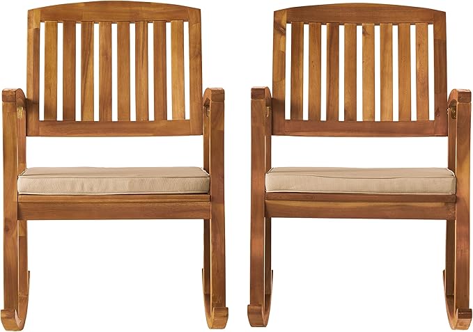Christopher Knight Home Selma Acacia Rocking Chairs with Cushions, 2-Pcs Set, Teak Finish