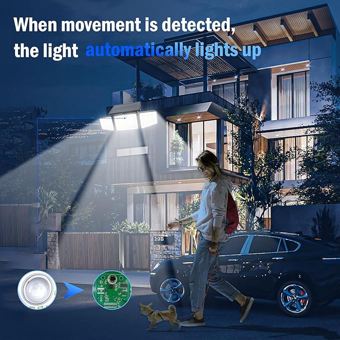2500LM Solar Lights Outdoor with Motion Sensor,3 Head 270° Wide Angle Street Area Lights,IP65 Waterproof Security Lighting with 3 Modes(Remote,4 Pcs)