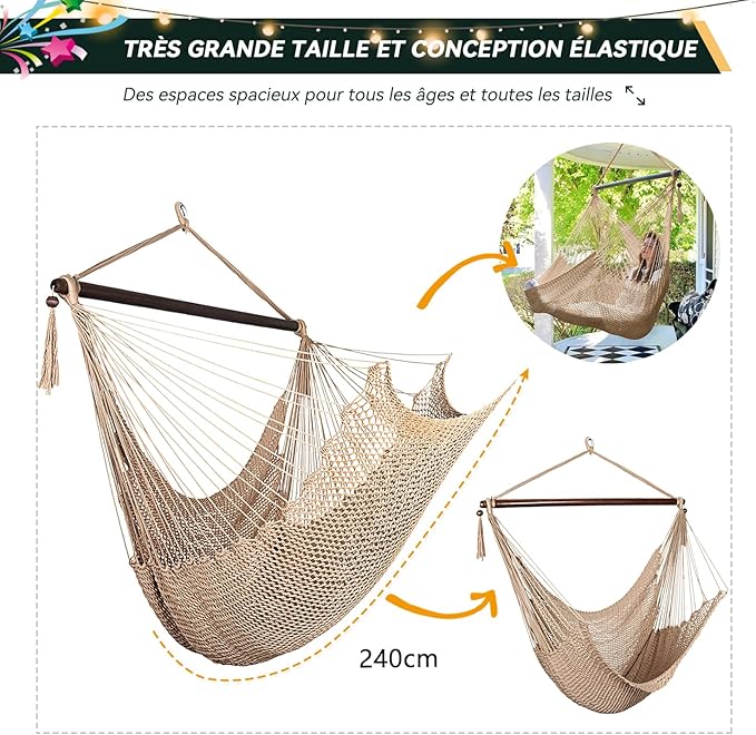 Bathonly Large Hammock Chair with Spreader Bar, Caribbean Hammock Swing Chair, XL Hammock Chair Outdoor Indoor, 330 LBS Weight Capacity, Light Brown