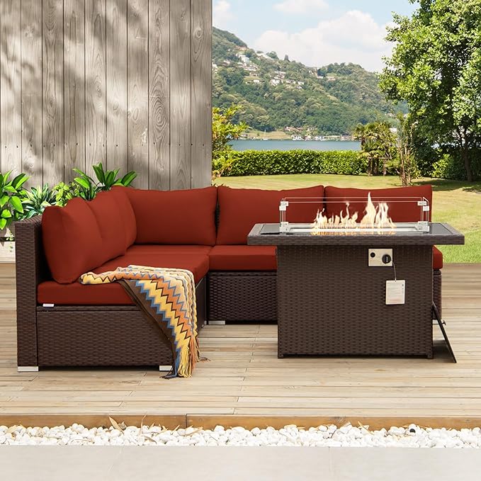 NICESOUL 6 Piece L-Shaped Modern Outdoor Furniture Set with Firepit Natural Gas/Propane, 29.3'' High-Back Deep Wide Seat Patio Conversations for Outside, Large Size Sofa, Brown Rattan and Red Cushion