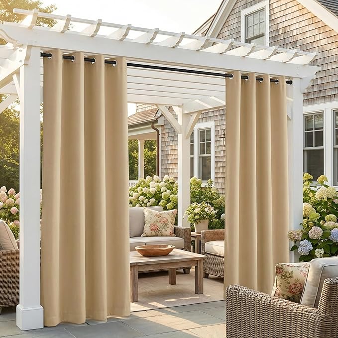 NICETOWN Outdoor Curtains for Patio Waterproof 84 inches Long 2 Panels Set, Weatherproof Thermal Insulated Privacy Protection Curtains for Porch/Gazebo/Hallway, Biscotti Beige, W52 x L84 Inch