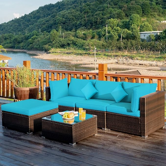 Tangkula 5 Pieces Patio Rattan Furniture Set, Outdoor Sectional Rattan Sofa Set with Back & Seat Cushions, Wicker Conversation Set with Tempered Glass Table for Backyard Porch Poolside (Turquoise)