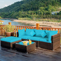 Tangkula 5 Pieces Patio Rattan Furniture Set, Outdoor Sectional Rattan Sofa Set with Back & Seat Cushions, Wicker Conversation Set with Tempered Glass Table for Backyard Porch Poolside (Turquoise)