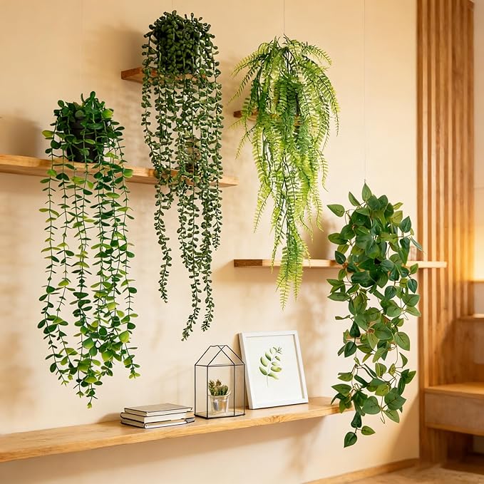 4 Pack Artificial Plants Wall Hanging Fake Plants Indoor for Shelf Boho Faux Eucalyptus Ivy Vine House Plants for Living Room Wall Backdrop Outdoor Decor