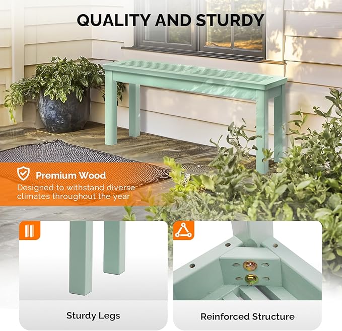VINGLI Outdoor Wooden Bench, 40” Porch Bench Outdoor Backless Garden Bench, Small Outdoor Bench for Deck Patio Entryway (Mint Green, 40in)