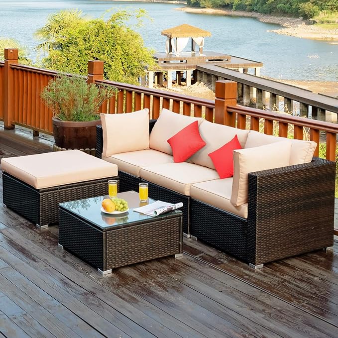 Tangkula 5 Pieces Patio Rattan Furniture Set, Outdoor Sectional Rattan Sofa Set with Back & Seat Cushions, Wicker Conversation Set with Tempered Glass Table for Backyard Porch Poolside (Brown)