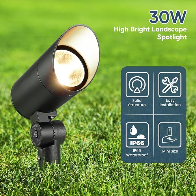 30W Spot Lights Outdoor LED Spotlight 120V 3000LM Ultra Bright Flag Pole Light with Metal Stake and Metal Base Warm White Landscape Lights for Flag Tree Garden House 5FT Cord with Plug (2)