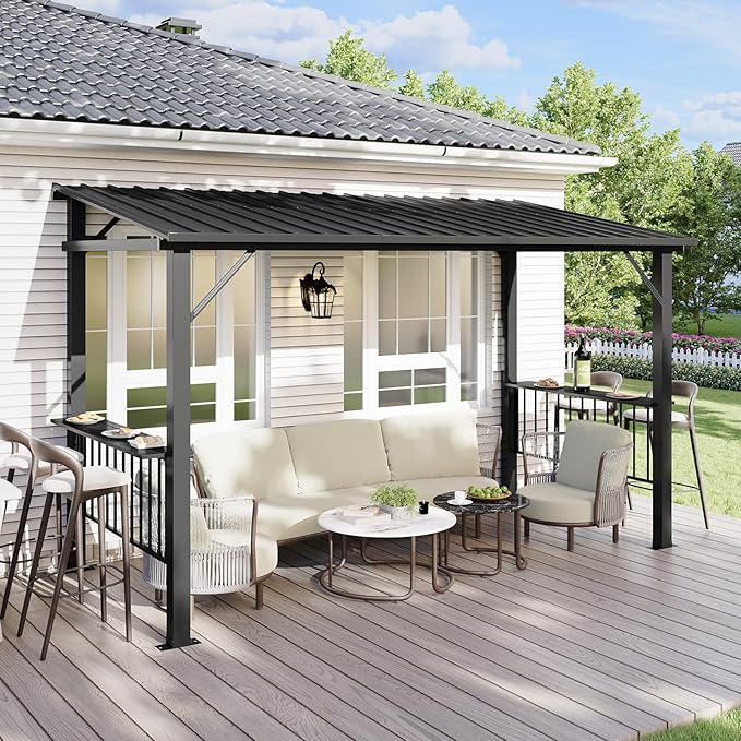 Aoxun 12x6 FT Hardtop Grill Gazebo with 2 Side Shelves & Hooks for Outdoor Grill, Outdoor BBQ Gazebo Canopy with Sloping Steel Roof, Permanent Metal Gazebo for Patio, Backyard, Lawn, Deck