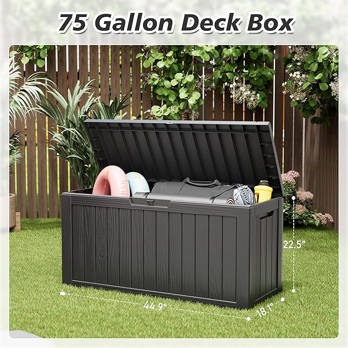 Outdoor Storage Box, Resin Deck Boxes Indoor and outdoor, Waterproof Storage Box Lockable Lid (Black, 75 Gallon)