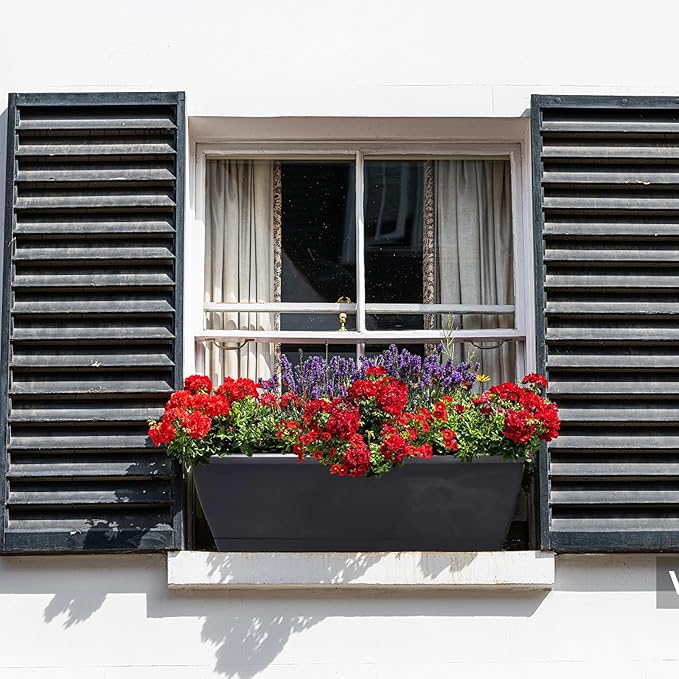 QPEY Window Box Planter, 10 Pack 17 Inch Plastic Flower Box with Tray Rectangular Planters for Outdoor Indoor Plants Garden Home Decor (Black)