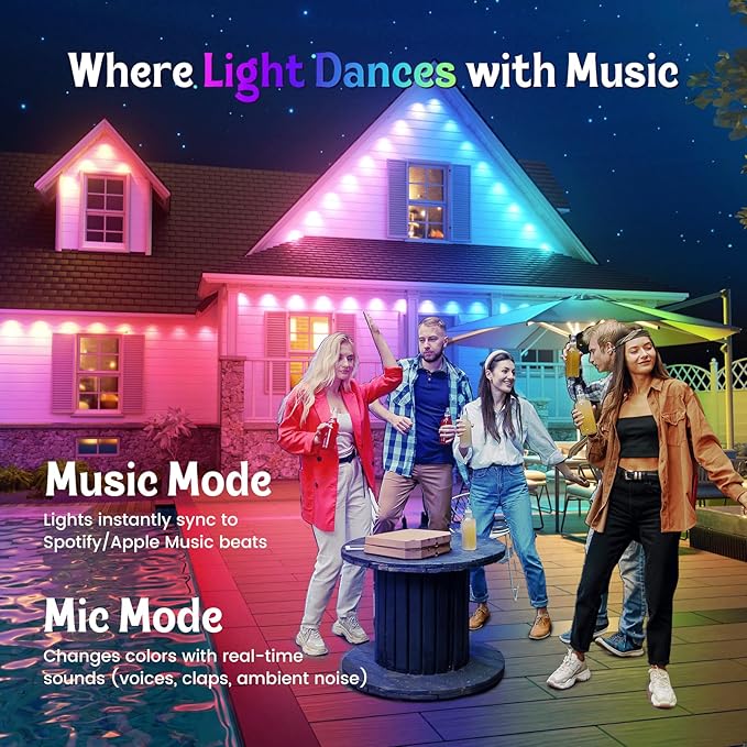 Fitop Permanent Outdoor Lights, 200FT RGB Smart LED Eaves Light, IP67 Waterproof Outdoor Strip Lights, 16 Million Colors, Extendable, App/Remote Control, Music Sync