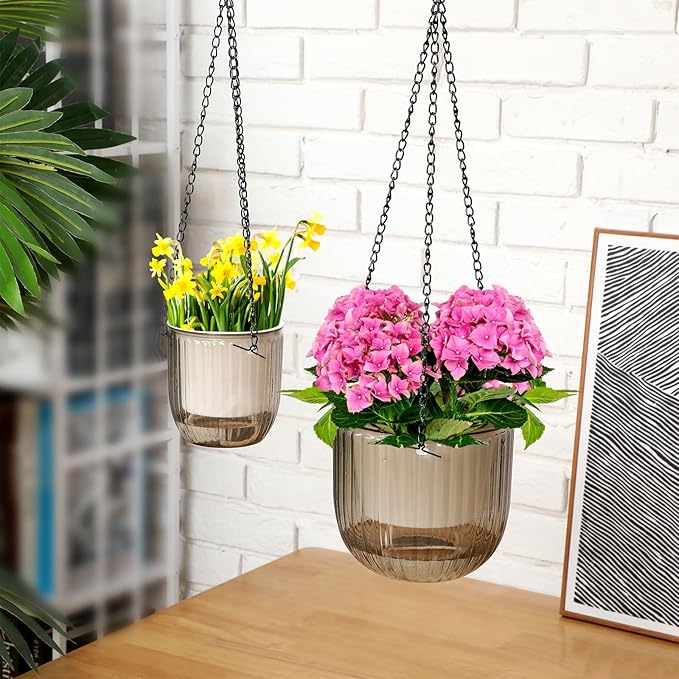 Maxcheck 4 Pcs Self Watering Hanging Planters Indoor Gift 6.5'' 4.5'' Hanging Flower Pots Baskets Outdoor Self Watering Plant with 3hooks Drainage Holes for Home(Grey,Clear)