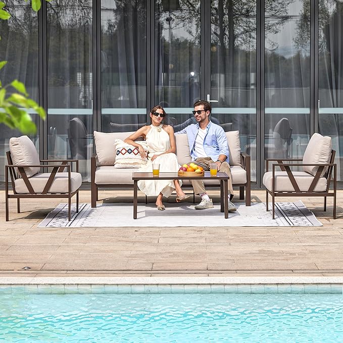 Outdoor Patio Furniture Set, 4 Pieces Metal Patio Furniture Set with Coffee Table, Modern Outdoor Conversation Seating with 6.5" Thick Cushions, Beige