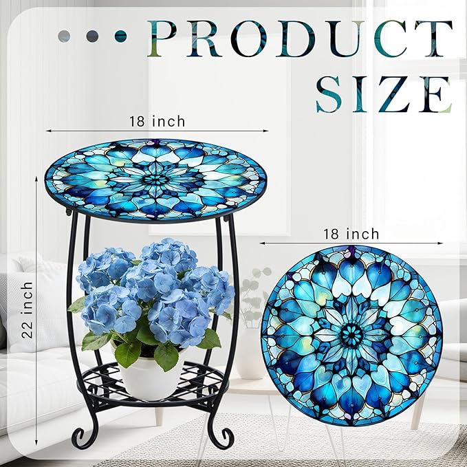 Outdoor Side Table Round Small Mosaic Patio Accent Indoor End Plant Coffee Tea Table for Yard Patio Porch Garden Living Room, Bedroom(Mandala Style,18 Inch)