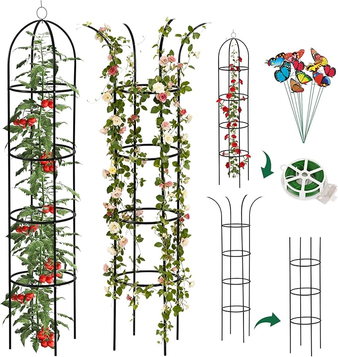 100% Metal Obelisk Trellis for Climbing Plants Outdoor Garden Tower Trellis 6.6ft, Plant Support with Garden Twist Tie for Tomato Cucumber Ivy Vines Rose Potted Plant Trellis Indoor 2 Pack
