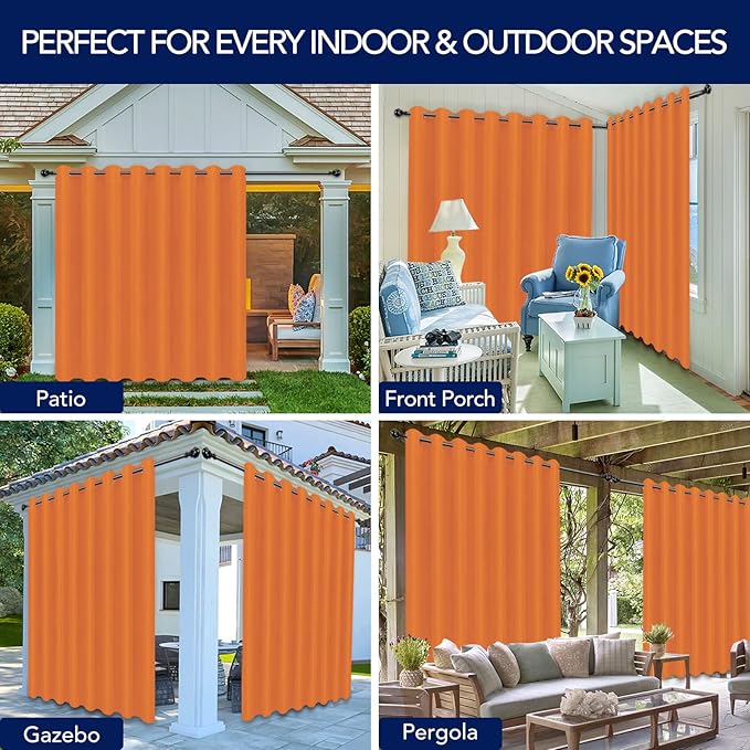 PureFit Outdoor Curtains for Patio Waterproof Weatherproof, UV Resistant Outside Curtains for Gazebo, Front Porch, Pergola, Sun Blocking Privacy Curtain, 120W x 84L inch, 1 Panel, Orange