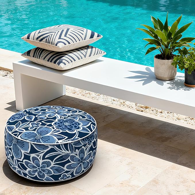 LVTXIII Indoor/Outdoor Inflatable Ottoman with Handle D21 x H9 Inch, Weather-Resistant Round Footstool Pouf for Patio Camping Living Room, Portable Footrest Extra Seating, Flower Navy