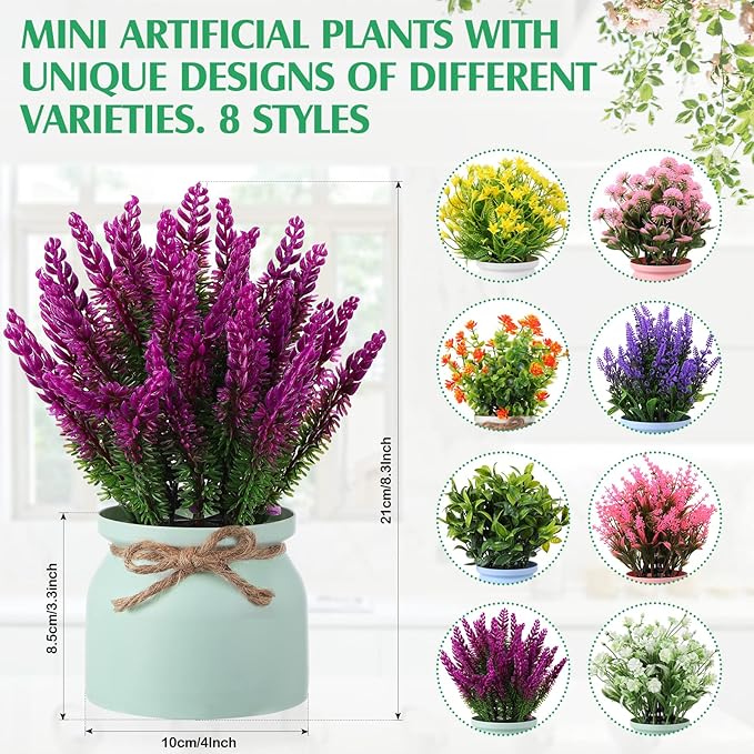 Cindeer 8 Pcs Large Artificial Potted Flowers Fake Potted Plants Plastic Faux Flowers for Home Decor Indoor Artificial Plants in Pots for Wedding Home Desk Tabletop Outdoor Office Kitchen (Romantic)