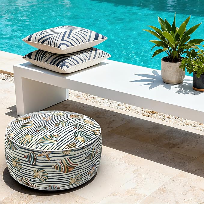LVTXIII Indoor/Outdoor Inflatable Ottoman with Handle D21 x H9 Inch, Weather-Resistant Round Footstool Pouf for Patio Camping Living Room, Portable Footrest Extra Seating, Cabana Shells