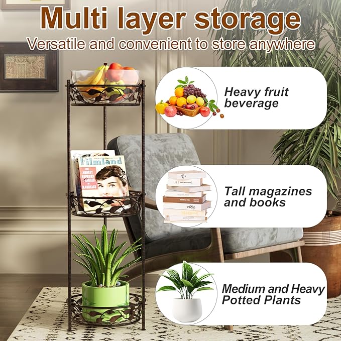 Plant Stand, Heavy Duty Metal Plant Stand Indoor Outdoor, Tall 3 Tiers Plant Shelf for Multiple Plants Pots, Flower Pot Stand for Home, Patio & Garden, Brushed Copper
