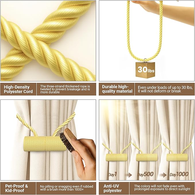 Hion Magnetic Curtain Tiebacks Golden 6 Pack, Curtain Tiebacks Buckles Holdbacks Holders Hooks Clip for Home Bedroom Office