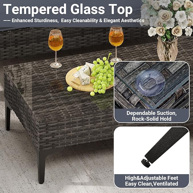 Jing's Villa 4-Piece Outdoor Sectional Sofa Set, All-Weather Wicker Patio Furniture with L/R Armrest & Tempered Glass Table, Comfortable Garden Conversation Set for Backyard, Poolside, Deck,Grey