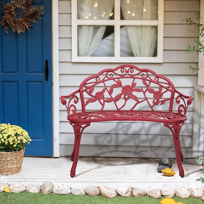 VINGLI 38.5" Patio Park Garden Outdoor Metal Rose Bench, 2-Person Cast Iron Cast Aluminium Frame Antique Finish Chair,Accented Lawn Front Porch Path Yard Decor Deck Furniture (Red, Rose)