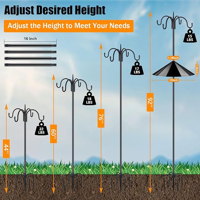 FEED GARDEN 4-Hook Squirrel-Proof Bird Feeder Pole - 92" Heavy-Duty Shepherd's Hook with 5-Prong Base & 19" Baffle for Multiple Feeders & Plants