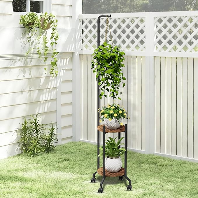 Plant Stand Indoor, 2 Tier Hanging Tall Plant Shelf with Wheels, 3 Potted Corner Flower Stand Metal Plant Holder, Plant Shelves for Living Room, Bedroom, Patio, Outdoor, Black