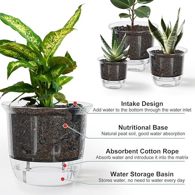 Plant Pots 6/5/4 inch Set of 3, Self Watering Pots for Indoor Outdoor Plants Flowers, Self Watering Planters with Reservoir, Drainage Hole and Absorbent Cotton Rope