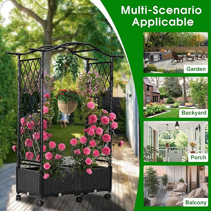 Planter Box with Trellis Outdoor, Plastic Raised Garden Bed Trellis Planter Box with Wheels and Drainage Hole for Patio Balcony Backyard Indoor Flower Vegetable Tomato, Black